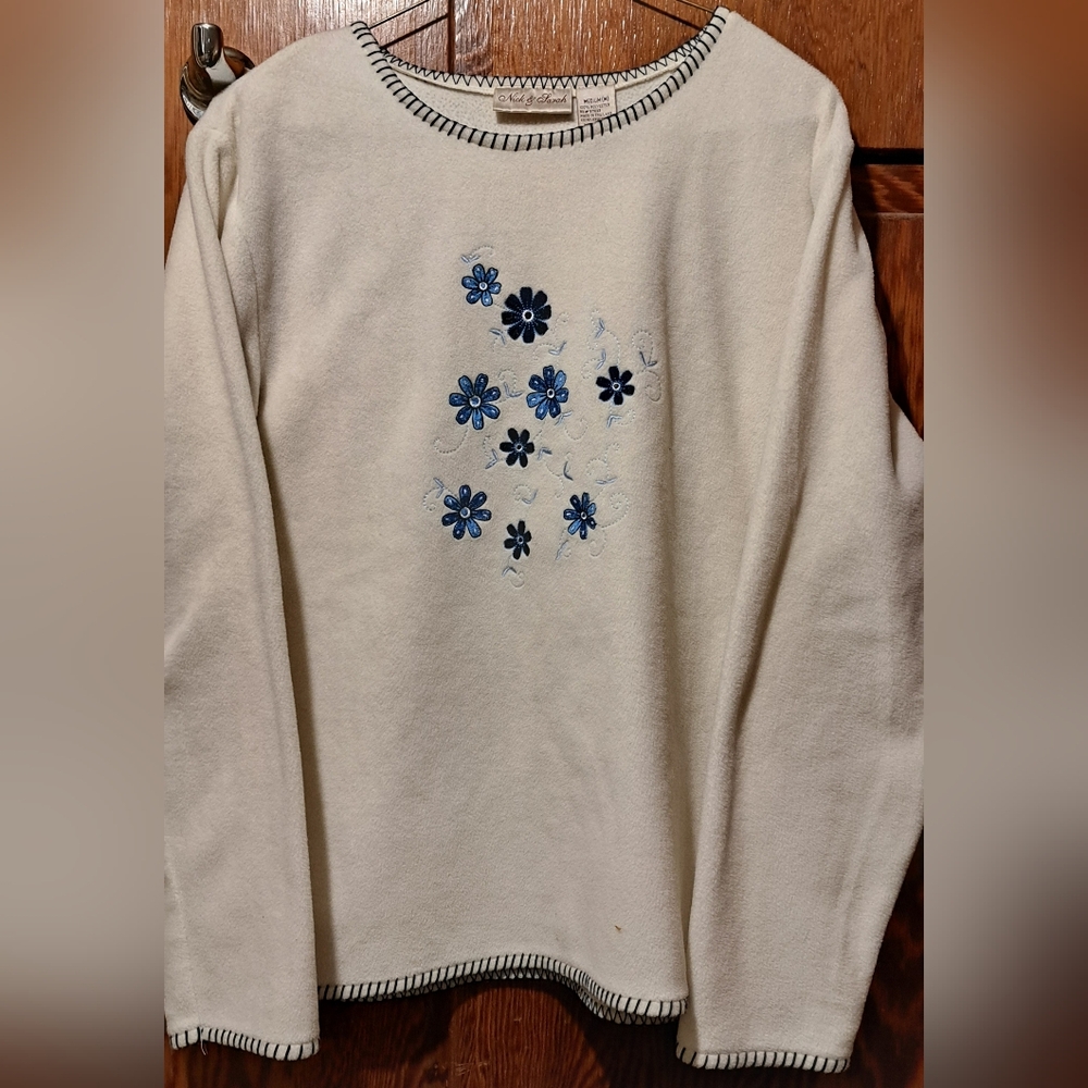 White Nick & Sarah Sweater with Blue Floral Embroidery Soft And Comfy